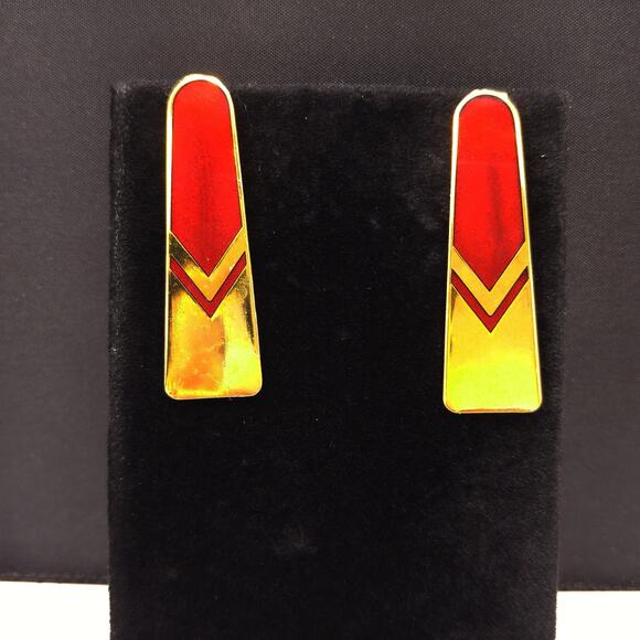 Vintage Laurel Burch Gold Red Chevron Post Earrings, 1980s, Gold Plated - Picture 8 of 10